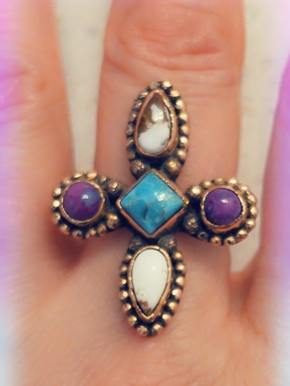 TURQUOISE WILDHORSE PURPLE DAHLIA GEMSTONE RING, IN COPPER, ADJUSTABLE SIZE